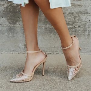Light Nude Patent Rhinestone Pointed-Toe Ankle Strap Pumps